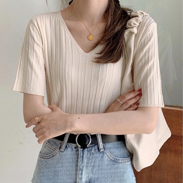 브이넥 골지 니트 반팔티 SWC-1007269