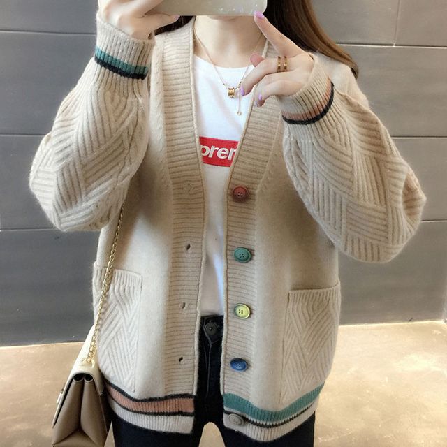 알록단추 브이넥 니트 가디건 RNR-0001