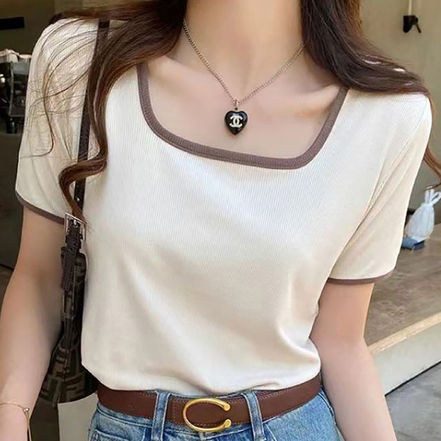 스퀘어넥 배색 슬림 냉감 골지 반팔티셔츠 NF-40