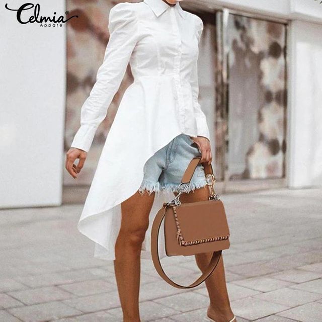 [해외] 2021 Celmia 패션 여성 화이트 블라우스 롱 셔츠 비대