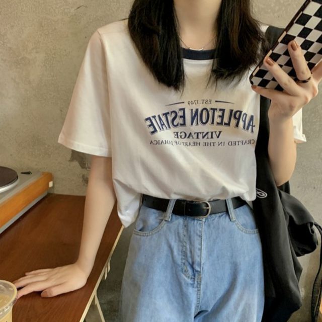 빈티지 레터링 세미크롭 배색 반팔티 SWC-1006549