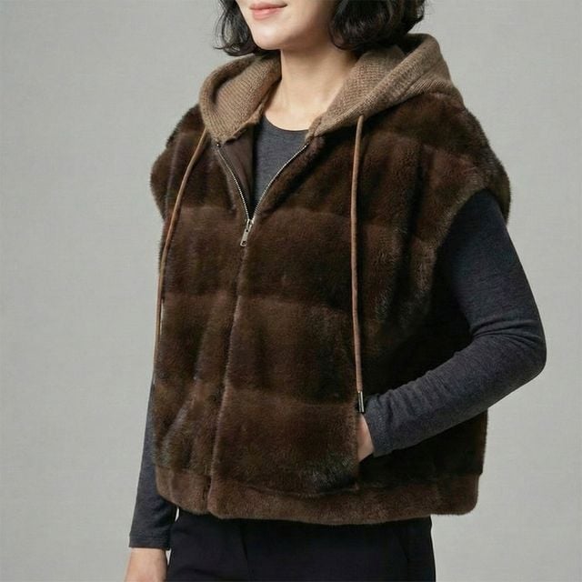 밍크 페이크퍼 후드 베스트 모자 탈부착 FLS-1005661