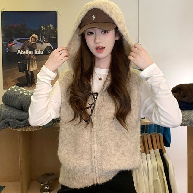 털니트 후드 집업 조끼 LL-1006334