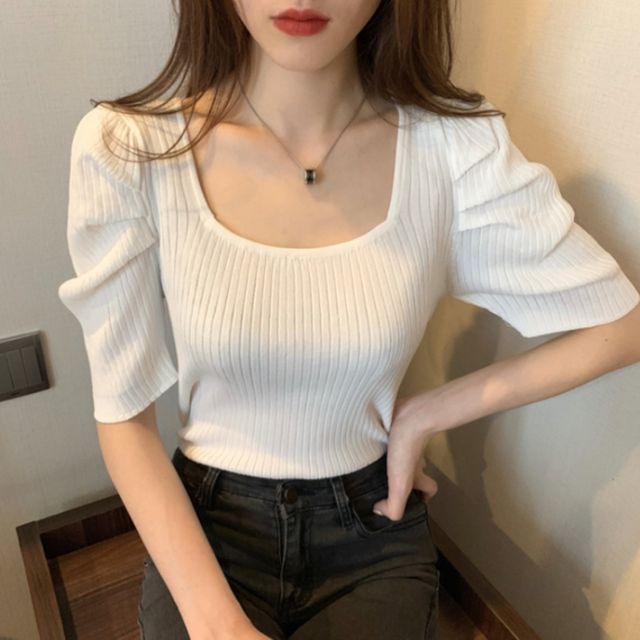 썸머 스퀘어넥 퍼프 반팔니트 JSC-d0136