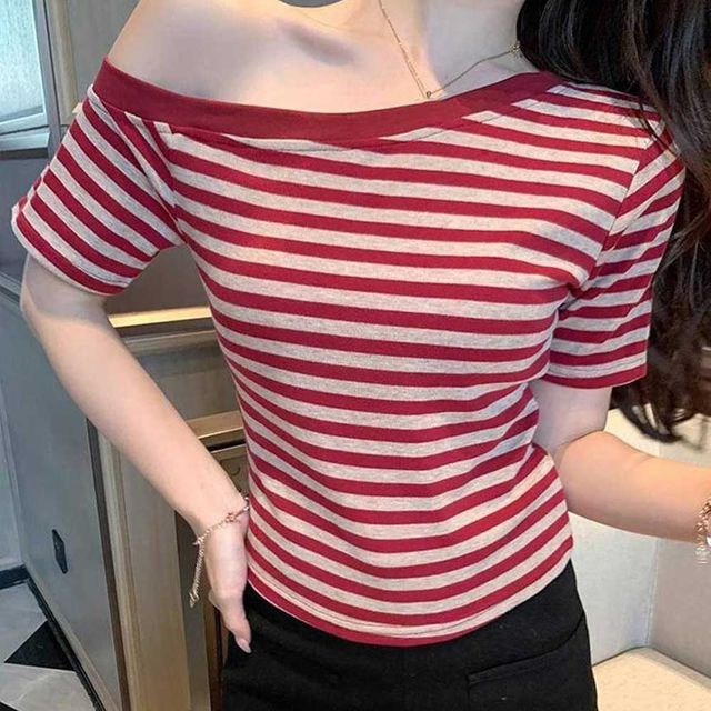 스트라이프 오프숄더 슬림 반팔 크롭티 RNR-0094