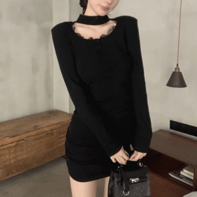 레이스 버튼 셔링 미니원피스 SNY-0032