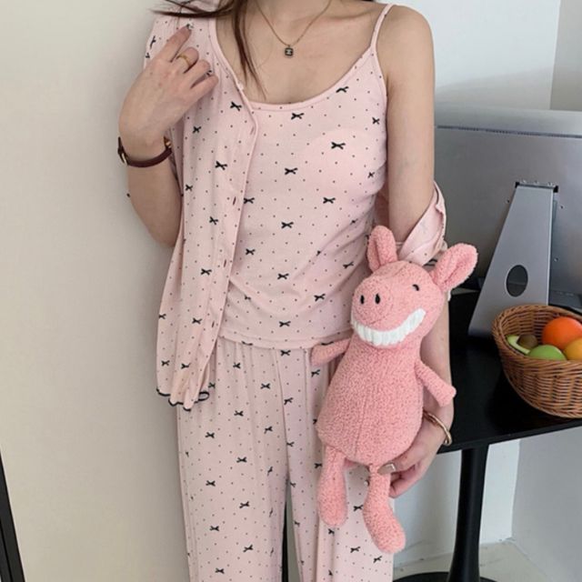 캡내장 페미닌 리본 3피스 홈웨어 세트 JSC-d0166