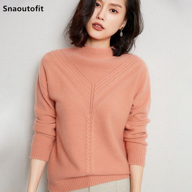 [해외] 가을 겨울 두꺼운 세미 하이 넥 퓨어 울 스웨터 여성