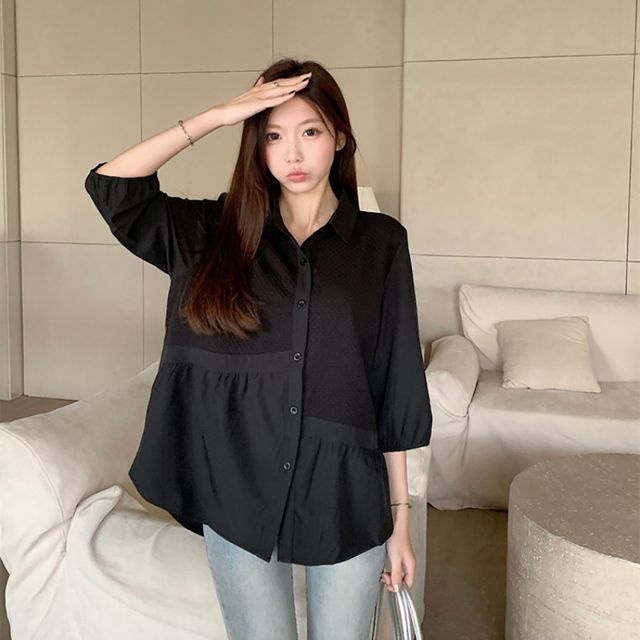 루즈핏 언발 셔링 7부 블라우스 LL-T175