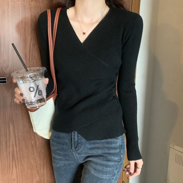 브이넥 랩 골지 긴팔 니트 DA-1004390