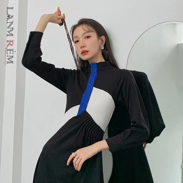 [해외] LANMREM 2022 봄 패치 워크 드레스 여성을위한 컬러