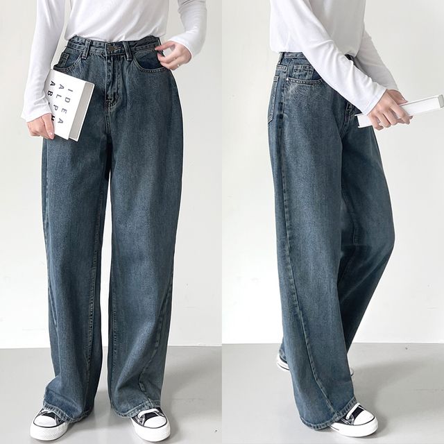 로코 사선 절개 세미 와이드 데님 팬츠 19-064