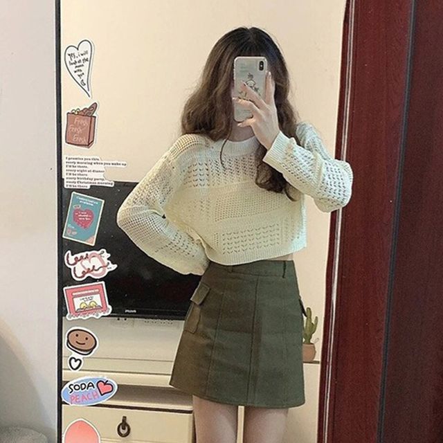 크롭 여름 긴팔 그물 니트 LM-0058