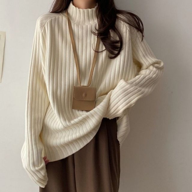 골지 하이넥 루즈핏 긴팔 니트탑 여성 상의 터틀넥