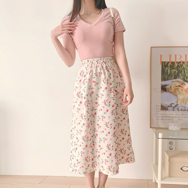 A라인 밴딩 치마 여성 꽃무늬 쉬폰 플레어 롱스커트