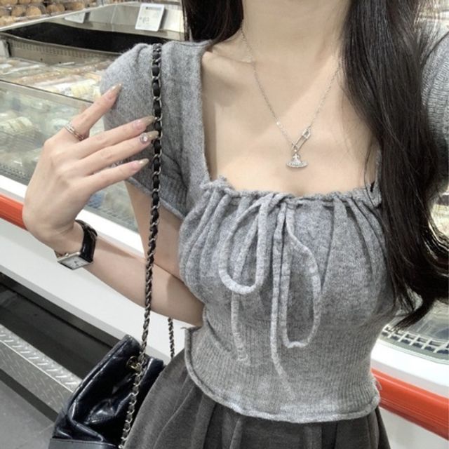 스퀘어넥 썸머 여성용 여름 크롭 리본 니트탑