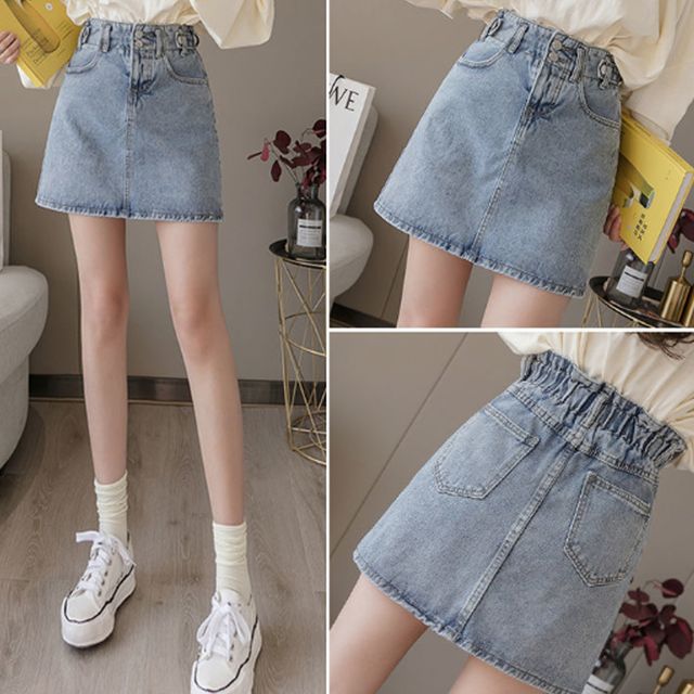 하이웨스트 데님 미니스커트 워싱데님 밴딩 스커트