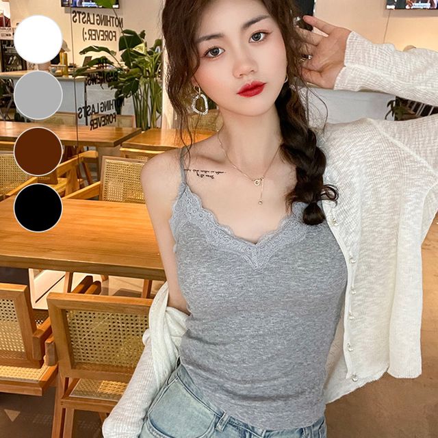 레이스 브이넥 캡내장 끈나시 ELC-1020