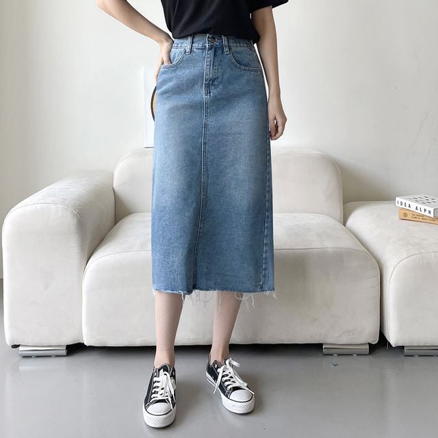 여성 트이웰 뒷밴딩 컷팅 미디 청치마 JB-1007299