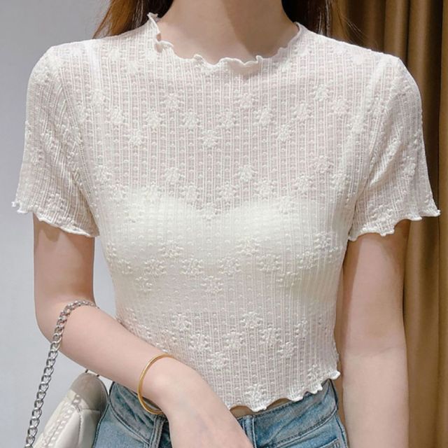 라운드 프릴 플라워 시스루 이너 크롭반팔티 NF-33