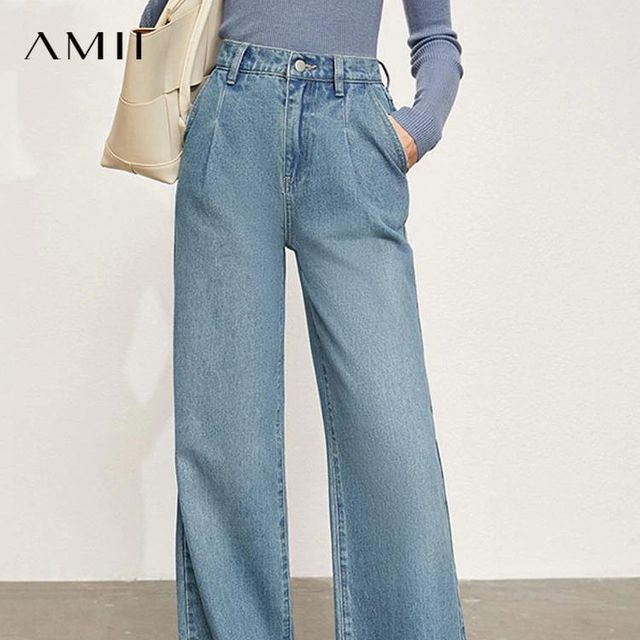 [해외] Amii Minimalism 여성 청바지 패션 높은 허리 데님 넓