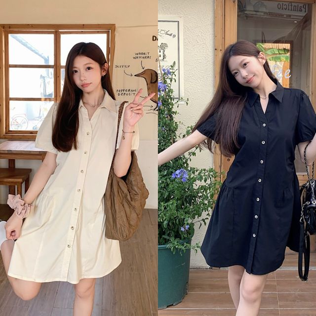 루즈핏 카라 셔츠 셔링 원피스 LL-1001544