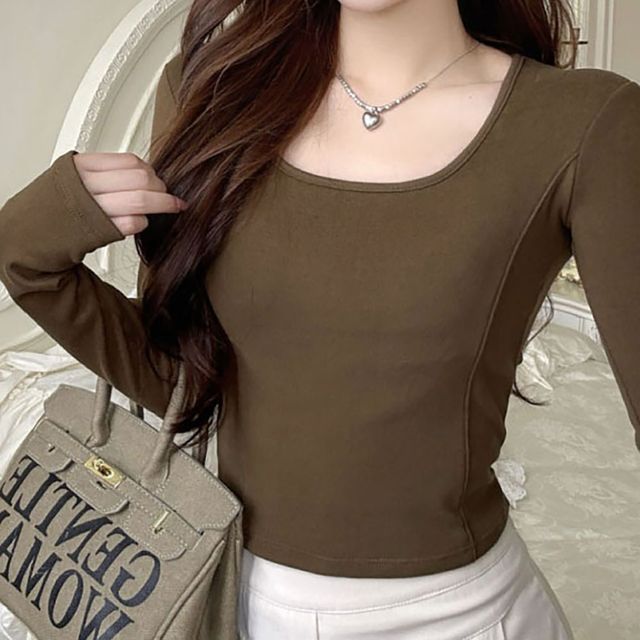 스퀘어넥 가슴패드 슬림 약기모 크롭티셔츠 NF-1005345