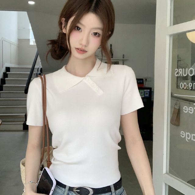 카라 사선 버튼 반팔 티셔츠 LL-T187