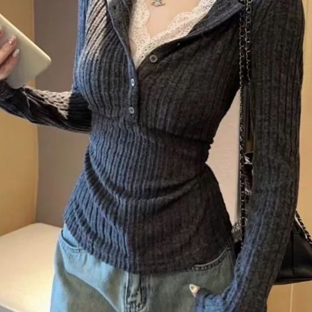 헨리넥 슬림핏 레이스포인트 긴팔 골지티 NF-1003345