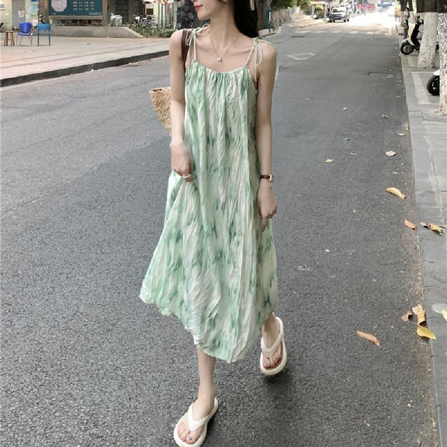 끈나시 주름 나염 원피스 LL-D178