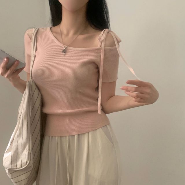 여리핏 언발 오프숄더 리본 니트탑 JSC-d0095