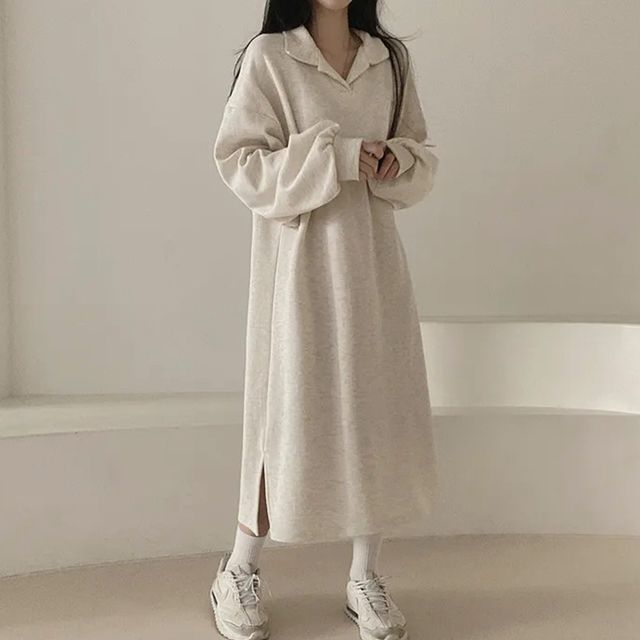 기모 오픈 카라 루즈핏 롱 원피스 OSM-1005809