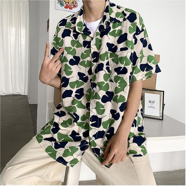 [해외] 남성 해변가 비치 인화 티셔츠 루즈핏 반팔 셔츠