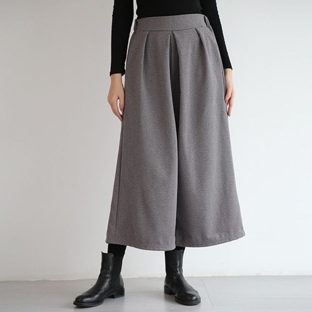 여성 뒷밴딩 와이드 팬츠 핀턱 모직 9부 통치마바지