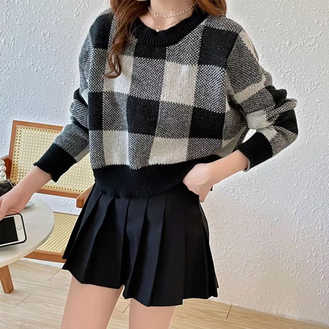 크롭 체크패턴 니트 2color DK-1004270