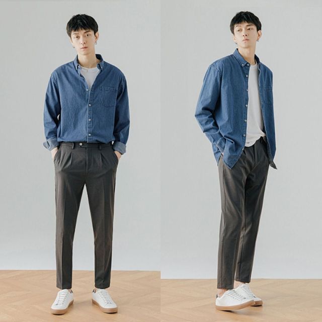 남성 가을 긴팔 데님 셔츠 박사이즈 청남방