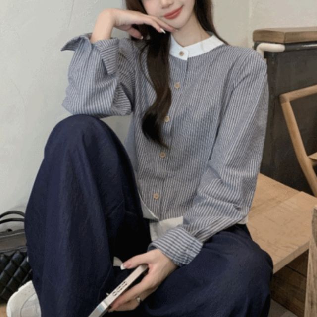 클래식 배색카라 스트라이프 블라우스 SNY-0027