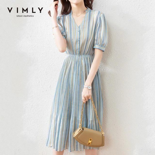 [해외] VIMLY 새로운 여름 여성 꽃 드레스 패션 V 넥 버튼 맥