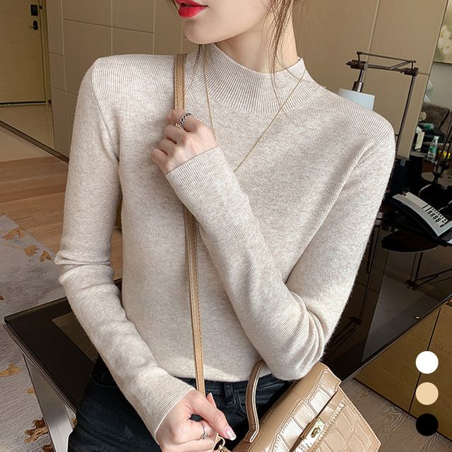 여자 기본 슬림 스타일 반목 긴팔 니트 티셔츠 URK-1004986