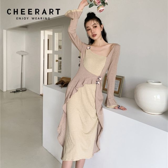 [해외] CHEERART 가을 카키 패치 워크 긴 소매 드레스 여성