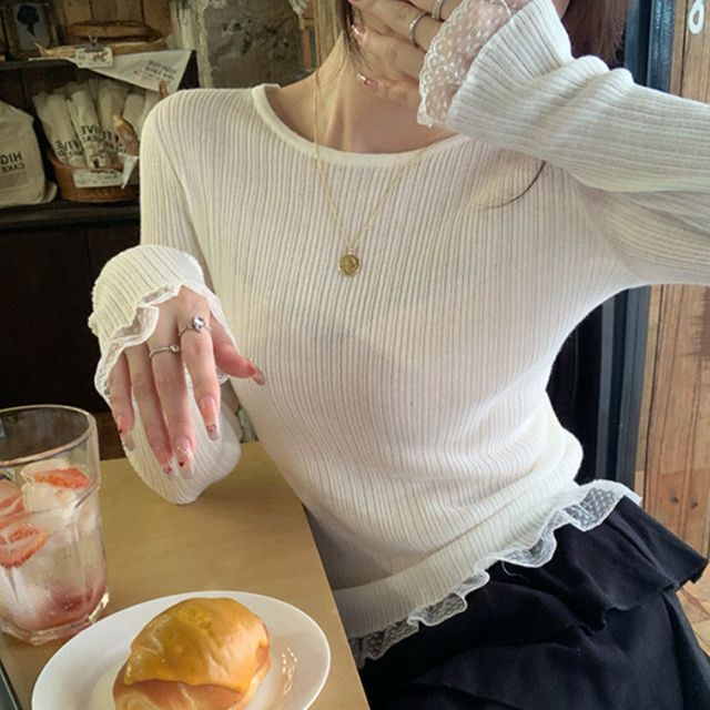 러블리 배색 레이스 슬림 니트탑 JSD-1004548