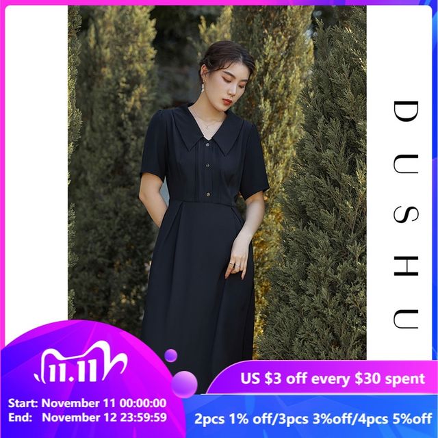 [해외] DUSHU-루스 오피스 레이디 프렌치 레트로 블랙 드레스