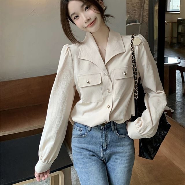 브이넥 카라 진주 버튼 셔츠 LL-1006775