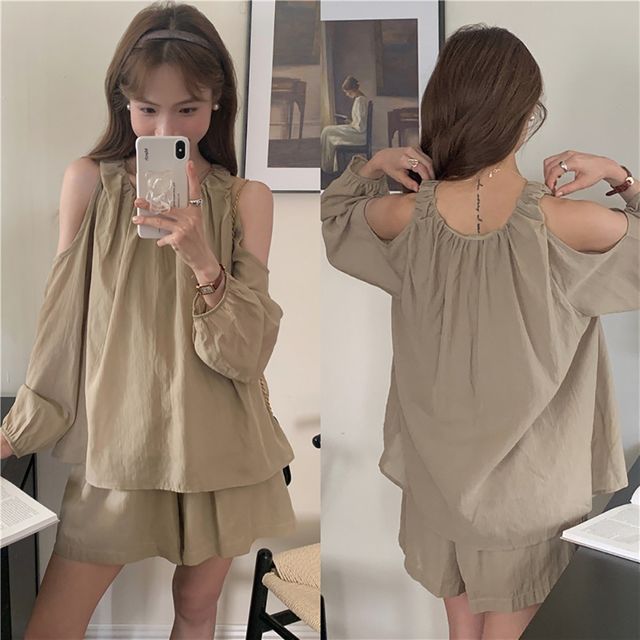 어깨트임 블라우스 치마반바지 투피스 LL-1003085