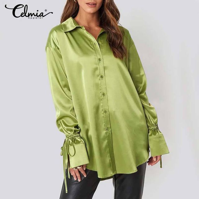 [해외] 2021 Celmia 우아한 새틴 셔츠 가을 여성 패션 블라