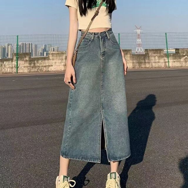 밑단 트임 롱 데님 스커트 OSM-1006188