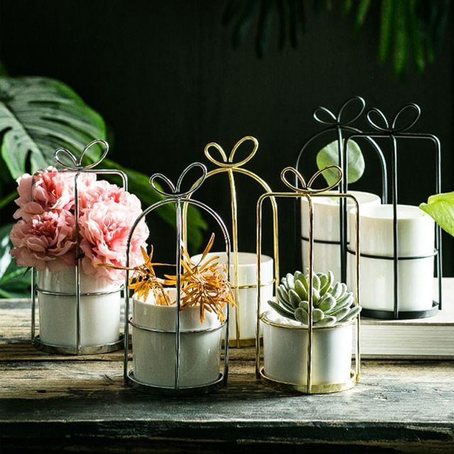 북유럽 스타일 철제 골드 리본 다육이 화분 받침 세트