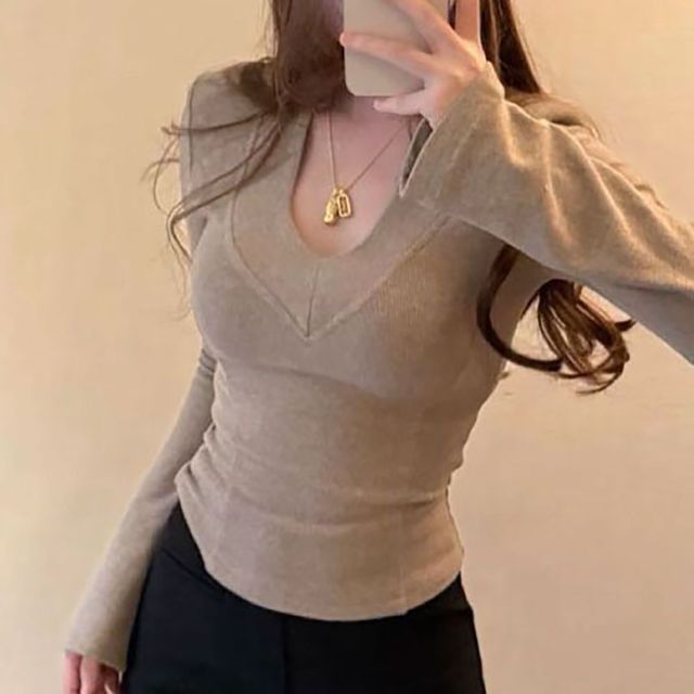 브이넥 슬림 골지 긴팔 페미닌 이너티셔츠 NF-1005000