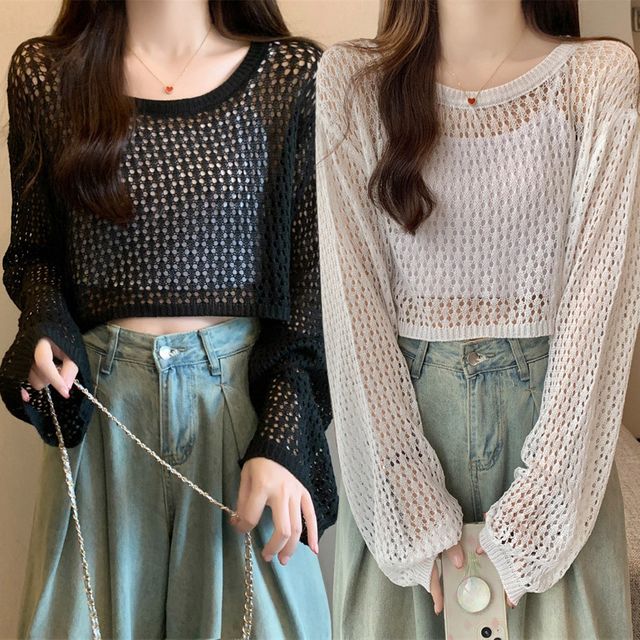 루즈핏 펀칭 커버업 긴팔 니트 EL-1003651