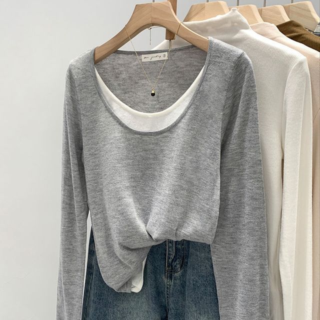 여성 레이어드 U넥 긴팔 티셔츠 OSM-1005892